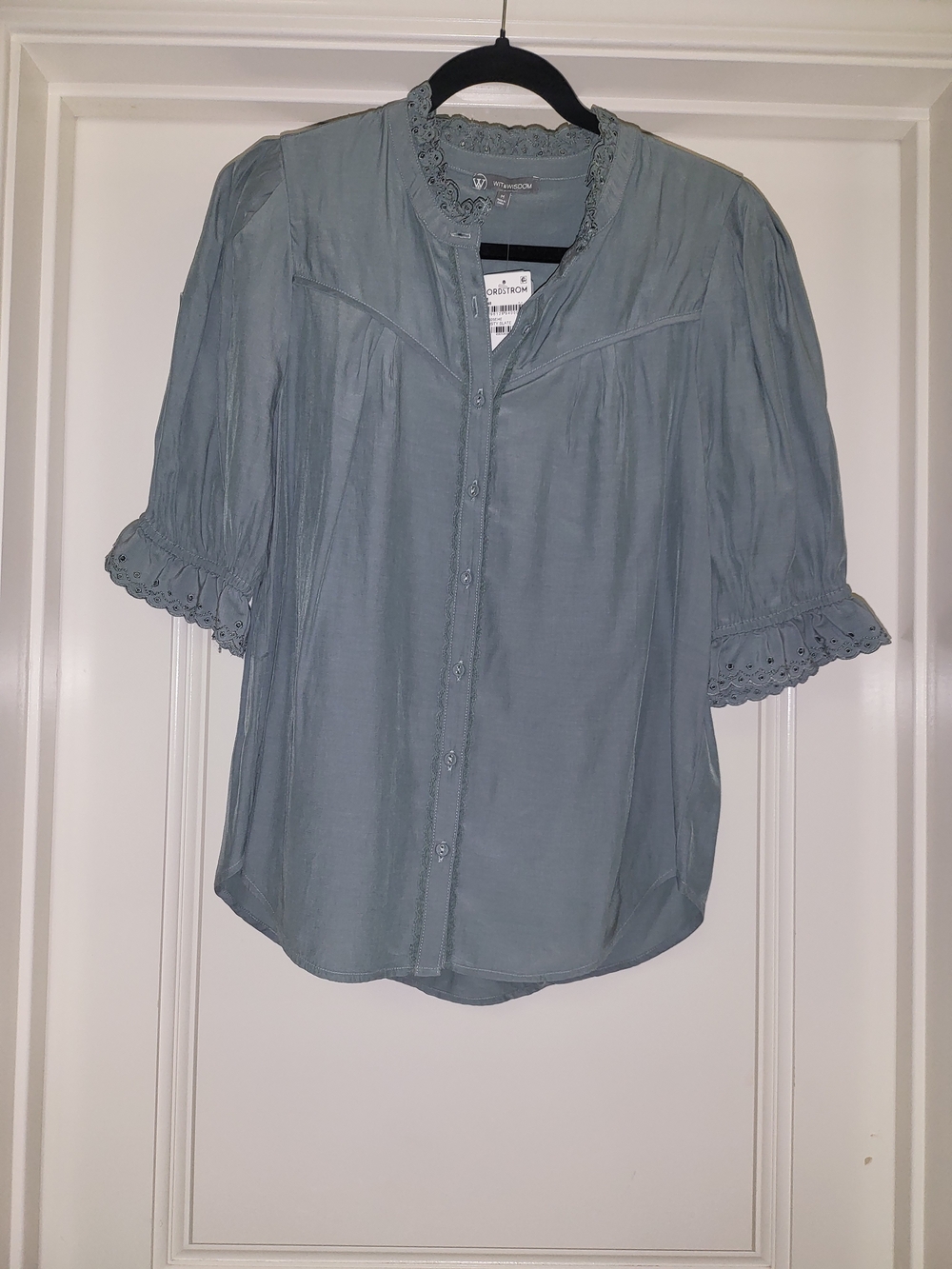 Wit & Wisdom Dusty Teal Lace-Trim ButtonUp Blouse Sz Medium Nwt New Dusty Slate - Picture 6 of 14